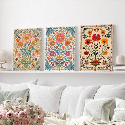 3pcs Vintage Mexican Posters, Mexican Canvas Prints, Vintage Scandinavian Art Floral Wall Art, Floral Prints, Botanical Wall Art, Tropical Canvas Prints, Wall Arts, Posters, Botanical, Indoor Portrait Floral Pattern Wall Art For Living Room, Bedroom, Hallway, Home And Bar Decor, - Framed On Canvas (Framing Optional) Gifts Birthday Graduation