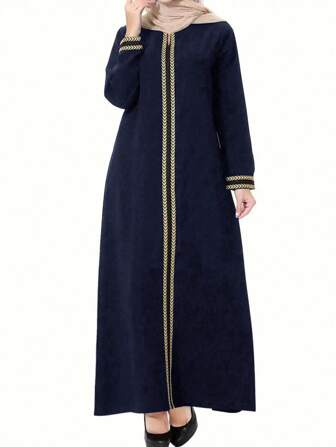 1pc Women Patchwork Ribbon Long Sleeve Loose Arabic Dress, Modest Kaftan