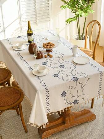 1개 꽃 & 덩굴 무늬 방수 화이트 테이블보, 태슬 가장자리가 있는 신선하고 로맨틱한 스타일, 주방, 식당, 커피 테이블, 결혼식, 일상적인 테이블 탑 장식용