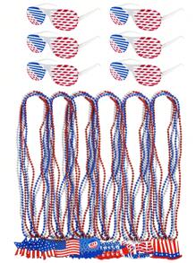 4th Of July Beaded Necklace + Glasses, Patriotic Accessories Bulk Memorial Day Party Favors Decorations - Star Hat American Flag - Red and Blue - View 1