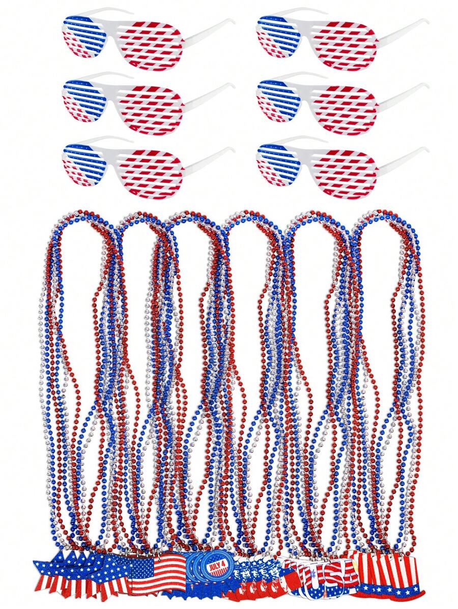 4th Of July Beaded Necklace + Glasses, Patriotic Accessories Bulk Memorial Day Party Favors Decorations - Star Hat American Flag - Red and Blue - View 1