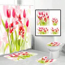 1/4pcs Flower Petal Printed Waterproof Shower Curtain Set, Includes 12 Curtain Hooks, Bathmat, U-Shaped Mat, Modern Home Bathroom Decor, Washable Polyester Fabric, Suitable As Gift