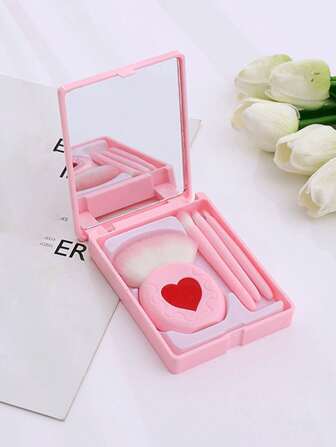 4pcs Portable Makeup Brush Set With Mirror,Boxed Makeup Brush Set,Mini Multifunctional Powder Brush,Foundation Brush,Eyeshadow Brush,Blending Brush For Beauty Tools