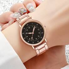 2pcs/Set Women's Watch Rose Gold Stainless Steel Round Shaped Dial Quartz Watch And Alloy Bracelet,Suitable For Daily Wear Holiday For Women Party,Holiday,Birthday Wear Or As Sisters,The Best Gift For A Lady