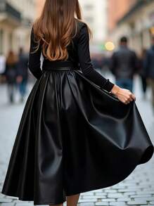 Women A-Line Long Skirts,Ladies Casual,Elegant,Party,High Waist Black PU Side Slit Hem Maxi Skirts,Casual Daily Wear