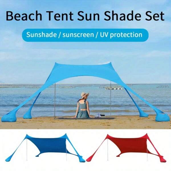 1pc Portable Beach Lycra Canopy Tent - Vibrant Blue, Sunshade Outdoor Shelter With Sand Shovel, Poles, And Carrying Bag, Non-Waterproof, Spandex Fabric, Drawstring Closure For Seaside & Camping