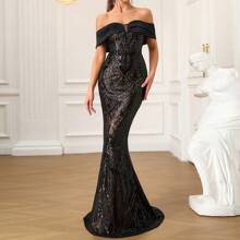 Elegant Heavy Sequins Off Shoulder Fitted Maxi Formal Evening Gown With Train, Party Dress, For Wedding Guest - 黑色 - 查看 7