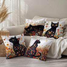 Set de 4 fundas de cojín decorativas con diseño de gato negro y flores de Klimt, hechas de tela de terciopelo suave, impresión unilateral, de 45 * 45 cm, adecuadas para sala de estar, dormitorio, sofá, decoración del hogar, regalo