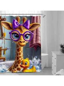 1 Peça Cortina de Chuveiro Cartoon Girafa e Banho de Bolha, Design de Papel de Parede Tropical com Patinhos Amarelos, Decoração Divertida para Banheiro, Inclui 12 Ganchos De Volta às Aulas