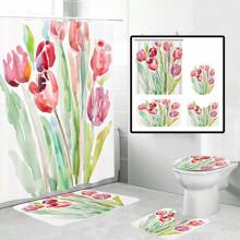 1/4pcs Flower Petal Printed Waterproof Shower Curtain Set, Includes 12 Curtain Hooks, Bathmat, U-Shaped Mat, Modern Home Bathroom Decor, Washable Polyester Fabric, Suitable As Gift