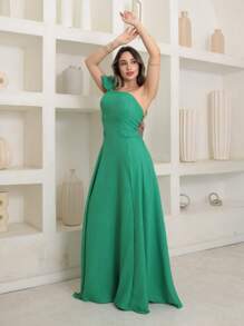 Victoria Long Dress Luxury Plain Duna Linen With Bow One Shoulder - Green - View 4
