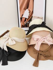 1 pieza Sombrero de paja de verano de unicolor para mujer, sombrero redondo de moda versátil y casual con decoración de perlas y moño, adecuado para compras diarias