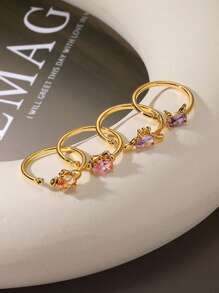 女士可爱耳朵、兔子和蝴蝶结不锈钢戒指，紫色方晶锆石 18K 镀金防褪色可调节戒指，魅力金首饰派对度假配饰，送给女儿/妈妈/最好的朋友的纪念礼物 - 不銹鋼 - 查看 2