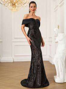 Elegant Heavy Sequins Off Shoulder Fitted Maxi Formal Evening Gown With Train, Party Dress, For Wedding Guest - 黑色 - 查看 5