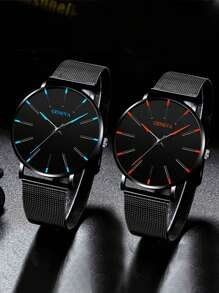 4 件套合金表带超薄石英手表套装，适合男士，商务休闲 - 送给父亲的礼物之选 - 黑色 - 查看 2