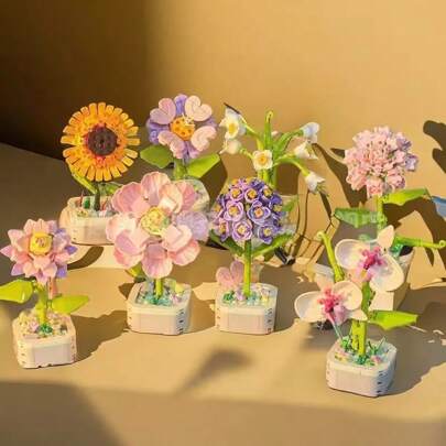 1 pieza de bloques de construcción de flores en pote microgranular, bloques de construcción de flores de colores DIY, ramo decorativo, regalos de cumpleaños, regalos para el día del padre, regalos para el día de la madre, regalos para el día del profesor, epiphonia rosa, peonía, camelia, girasol, cuatro flores enviadas al azar