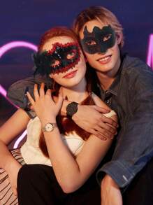 2pcs Elegant Textured Pattern Sexy Couple Mask Set, Suitable For Party, Masquerade Ball, Carnival Celebration, Year-Round Use - A - View 5