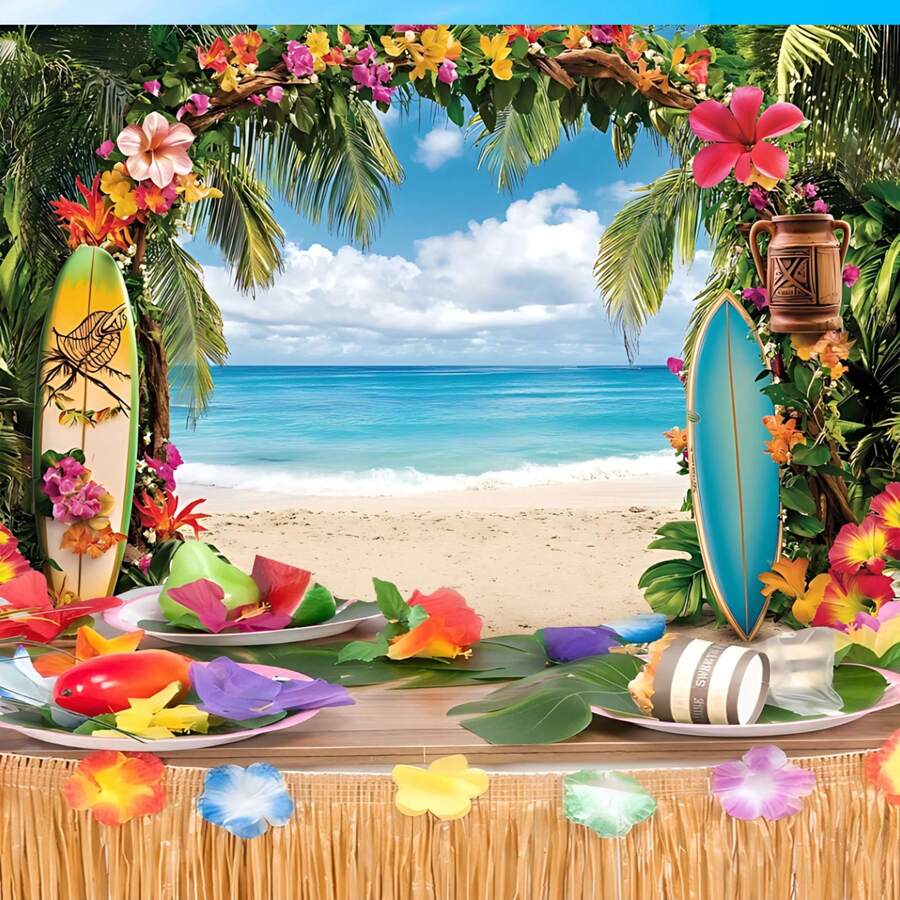 Polyester Hawaiian Beach Backdrop With Tropical Flowers, Ocean And Sky Scene, No Power Required, For Bridal Shower, Birthday, Hawaiian Party And General Celebrations, Photography Background Prop