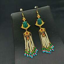 1 Set: 1 Pair Earrings And 1 Necklace, Bohemian Glass Tassel Jewelry Set, Copper Alloy Long Sweater Chain, Suitable For Daily Wear And Parties - Multicolor - View 8