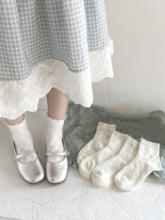 5 أزواج من الجوارب البيضاء الشبكية لأنصاف الساق مع حافة مكشكشة بطراز 'لوليتا' للفتيات يناسب فصلي الربيع والصيف، منفذة للهواء