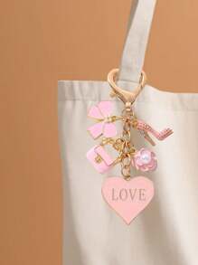 1pc Pink Mini Bag Charm Keychain - Cute Round Metal Heart Theme Keyring, Decorated With Delicate Flower And Heart Patterns, Sold Individually - Pink - View 4