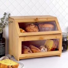 Double Layer Bamboo Wooden Bread Box Storage Container For Kitchen Countertop UK - 木質色 - 查看 9