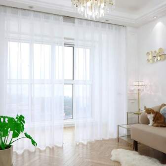 1pc Tulle Curtain, Solid Color New Luxury Simple Polyester Sheer Curtains, Light Filtering For Bedroom, Living Room, Balcony, With Rod Pocket