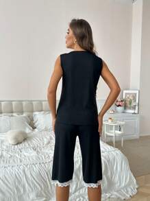 Set de 2 piezas de pijama con top de camisola y shorts con adorno de encaje para mujer, ropa de hogar de moda