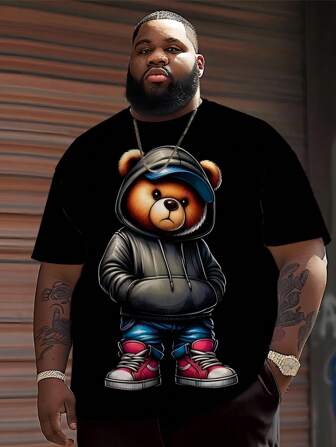 Camiseta de hombre con estampado de oso | Parte superior de cuello redondo con gráfico 3D | Poliéster elástico y transpirable | Estilo deportivo casual | Corte holgado para tallas grandes | Adecuado para uso diario y reuniones