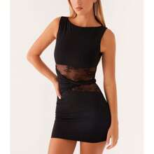 Women Mini Dress Lace Patchwork Sleeveless Dress Summer Casual Bodycon Short Dress - 黑色 - 查看 4