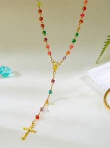 Premium Colored Beads, Virgin Cross, Pendant Necklace, Long Chain, Tassel Inspired Versatile Necklace