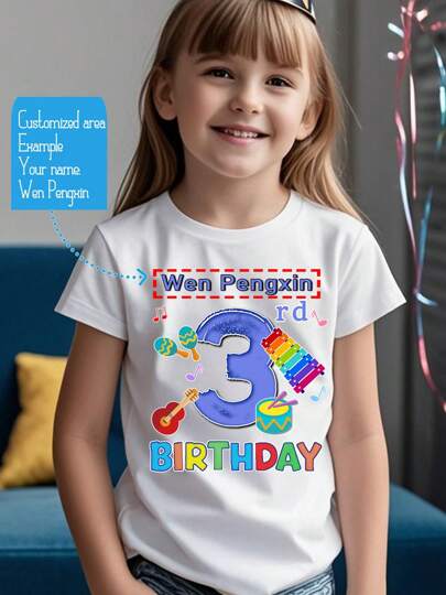Gokntee 3rd Birthday Party Personalized Name Custom Graphic Print Girls T-Shirt, Kid Children Sports Top Short Sleeve, Fast Shipping