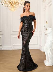 Elegant Heavy Sequins Off Shoulder Fitted Maxi Formal Evening Gown With Train, Party Dress, For Wedding Guest - 黑色 - 查看 3