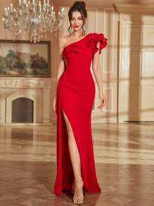 Spring/Summer High Slit Beaded Ruffled Hem Fitted Formal Dress For Wedding Party, Wedding Guest Dress, Evening Dress