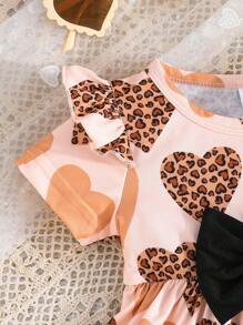 Baby Girls Summer Short Sleeve Ruffle Shoulder Hearts Print Round Neck Top + Bow Embroidery Long Pants Casual 2 Pieces Set - Apricot - View 5
