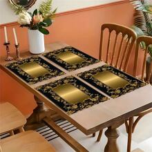 Elegant Pearl & Golden Floral Linen Placemats (1/4/6pcs Set) - Non-Slip, Heat-Resistant, Machine Washable, Perfect For Dining & Coffee Tables - Ideal For Home Decor