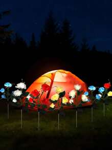 2pcs 4-Head Rose Waterproof Decorative LED Solar Wooden Post Lights, 7-Color Changing Landscape Lights, A Bunch Of 4-Head Waterproof Rose Lights, Garden And Garden Wedding Party Decorative Lights, Outdoor Garden Lighting For Pathway, Yard, Patio