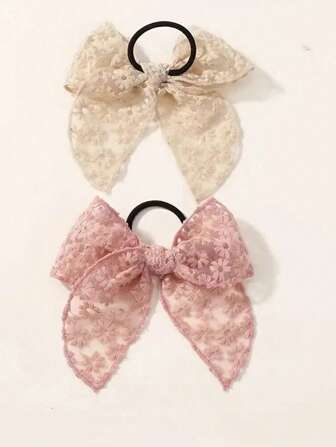 1 套（2 件）蝴蝶结发圈，蕾丝纱布丝带发饰，适合女孩的优雅设计