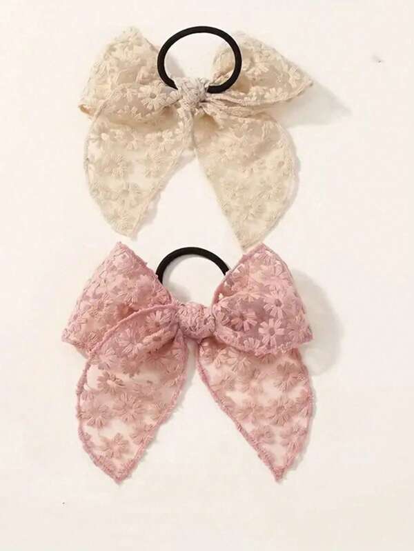 1 套（2 件）蝴蝶结发圈，蕾丝纱布丝带发饰，适合女孩的优雅设计