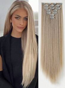 Extensiones de cabello de clip, 7 piezas de 22 pulgadas con 16 clips, extensiones de cabello recto largo rubio sintético para mujeres, pelucas de cabello