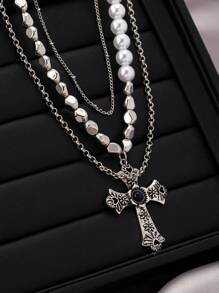 1 件时尚朋克金属和珍珠链多层项链，适合女性日常和假日装扮 - 銀色 - 查看 4