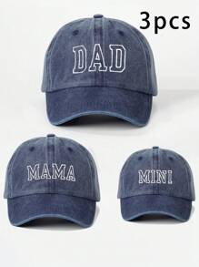 3pcs Embroidered "Mama + Dad + Mini" Matching Washed Baseball Caps, Adjustable Outdoor Sun Protection Casual Hats For Boys & Girls, Suitable For Spring, Autumn, Travel, Beach
