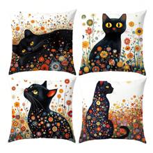 Set de 4 fundas de cojín decorativas con diseño de gato negro y flores de Klimt, hechas de tela de terciopelo suave, impresión unilateral, de 45 * 45 cm, adecuadas para sala de estar, dormitorio, sofá, decoración del hogar, regalo