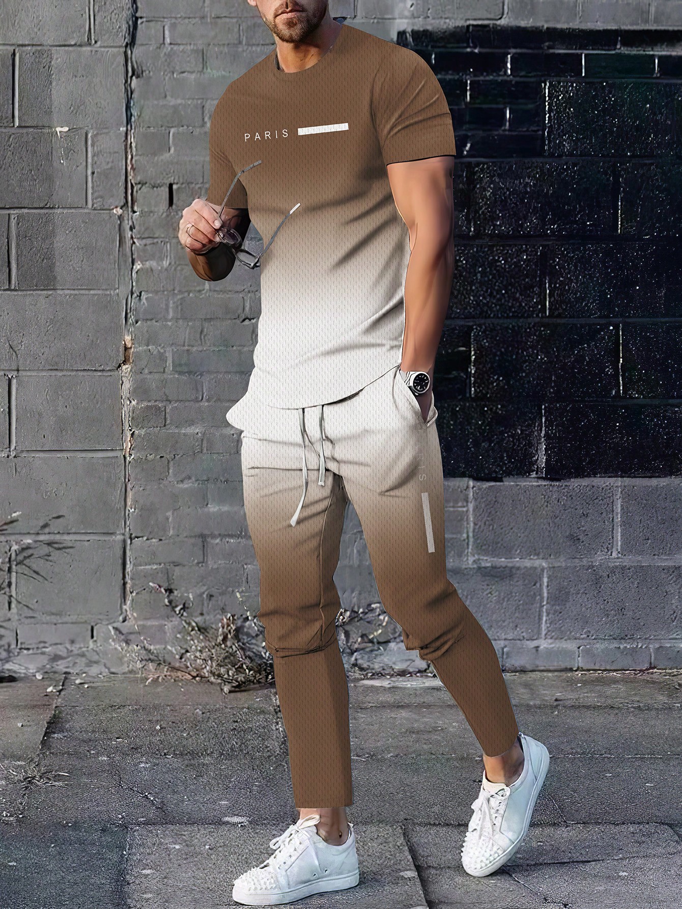 إطلالة رجالية مكونة من 2 قطعة، تيشيرت كاجوال بأكما...