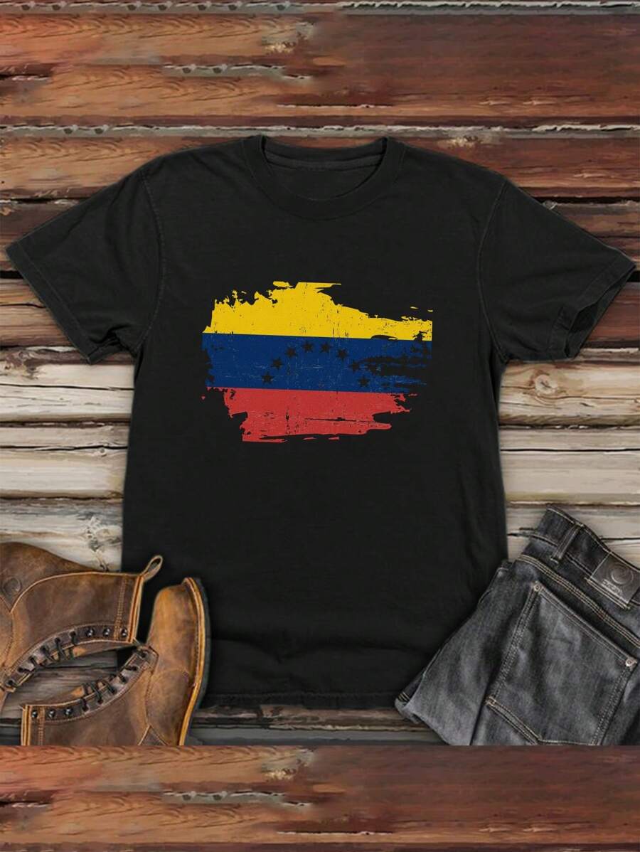 Camiseta cómoda y suave con estampado de bandera venezolana, camiseta para hombre, camiseta informal de verano de manga corta, camiseta de algodón pesado de 220 g - Negro - Ver 1