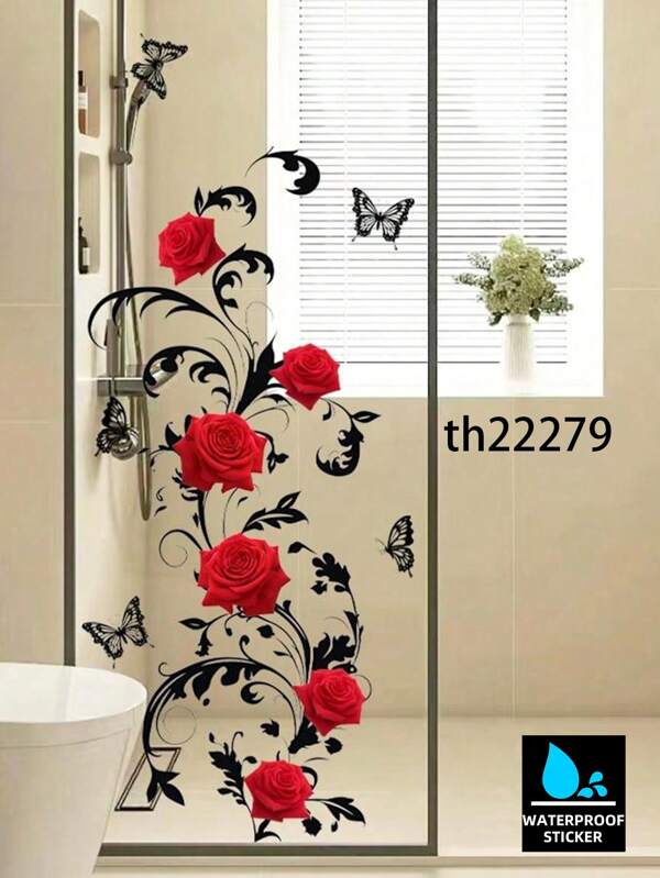 1 pièce Stickers muraux pour porte de salle de bain avec fleur de rose et papillon, en PVC imperméable, autocollants de baignoire à double face avec motif de rose, papillon et vigne, stickers pour miroir et mur de chambre, auto-adhésifs, taille 30 x 30 cm, pour décoration de maison, de salle de bain, de printemps. Articles de décoration d'été pour salle de bain, tapis de bain, tapis de sol