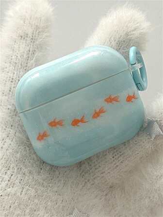 Kawaii Cute Funny Blue Oil Painting Goldfish With Keychain Headphones Case Compatible With AirPods 1 2 3 Pro 2 Shell Soft Compatible With AirPods 4
