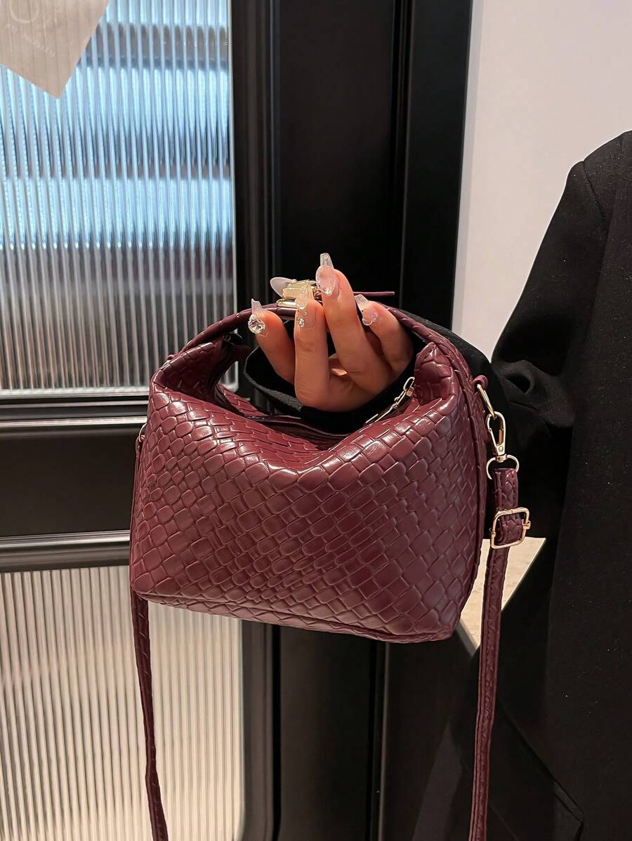 1 件迷你编织纹理印花盒形 PU 可调节肩带斜挎包,拉链开合,时尚女士手提包,适合日常使用、约会、购物、办公 - 酒紅色 - 查看 1