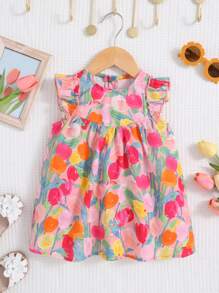 Toddler Girls' Floral Print Round Neck Cap Sleeve Cute Dress