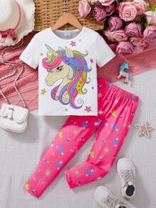 Young/Young Girl Unicorn Graphic T-Shirt And Start Pattern Leggings,Comfortable & Stylish Outfit For Daily Wear,Outdoor,SportsSpring/Summer Unicorn